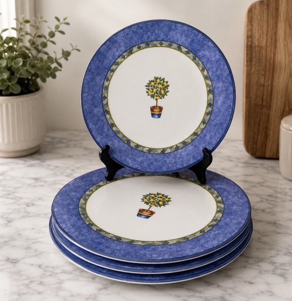 Set of 4 Royal Doulton Melamine Blue Lemon Tree Dinner Plates 11" 2001